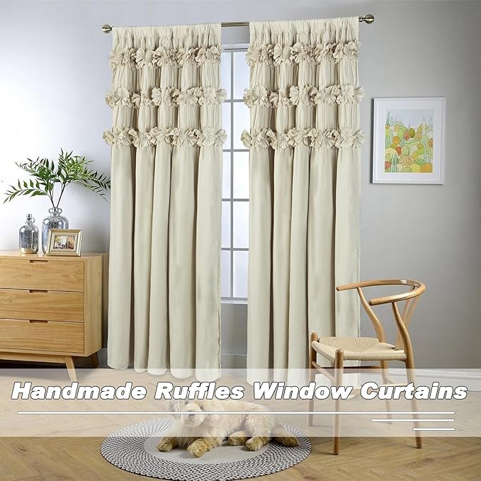 Camel Blackout Curtains with Handmade Ruffles, Butterfly Flower Embellishments - Image 8