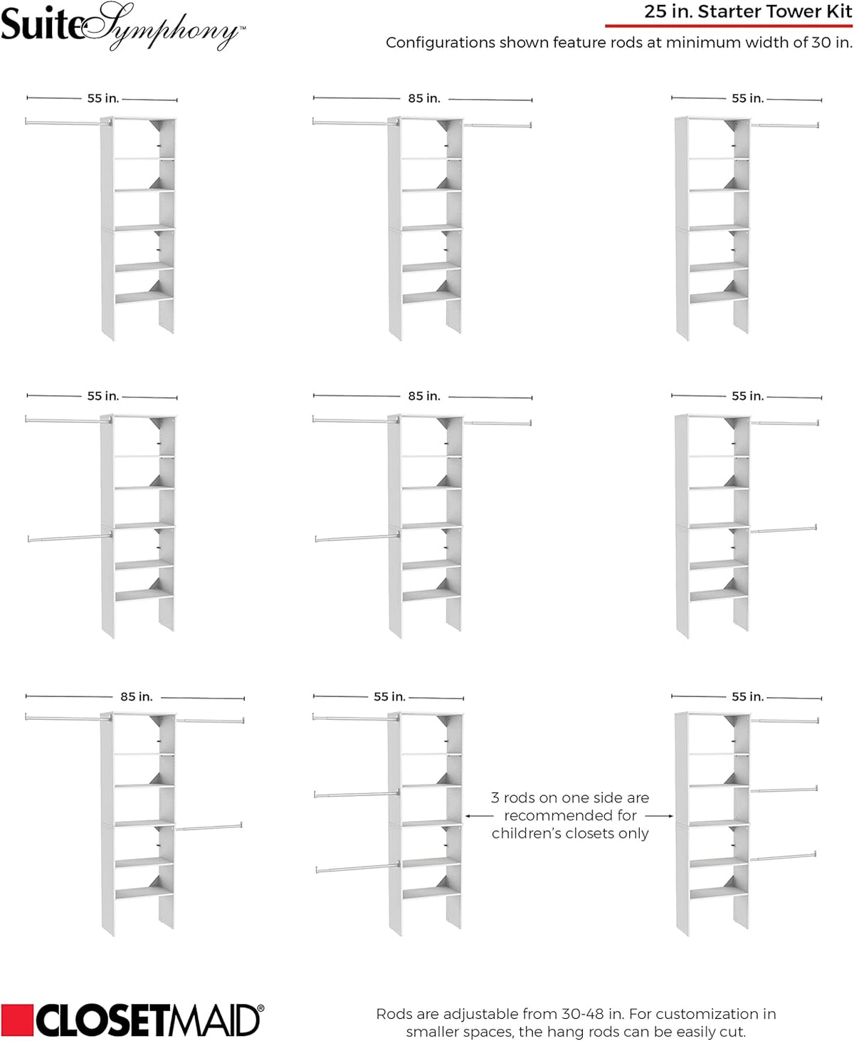 closetmaid suitesymphony wood closet organizer system, 25-inch starter showing dimensions
