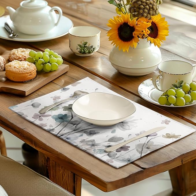 Flower Placemats Set of 4 Brown Cream Grey Poppy Flowers Table Mats Watercolor - Image 6