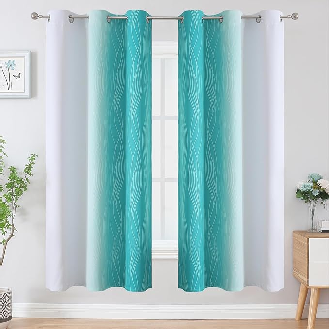 Estelar Textiler Teal and Greyish White Ombre Blackout Curtains 72 Inches Length - Image 2