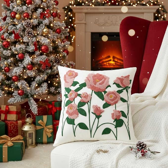 18x18 Embroidered Throw Pillow Cover – Pink Rose Cotton Decorative Cushion Cover - Image 8