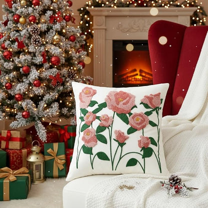 18x18 Embroidered Throw Pillow Cover – Pink Rose Cotton Decorative Cushion Cover - Image 8
