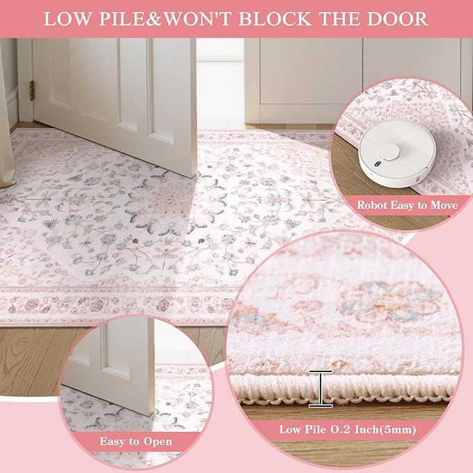 Moynesa Pink Runner Rugs for Long Hallway 2.5x8, Vintage Washable Floral Print - Image 4