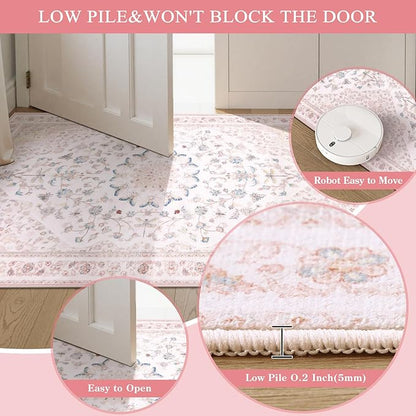 Moynesa Pink Runner Rugs for Long Hallway 2.5x8, Vintage Washable Floral Print - Image 4