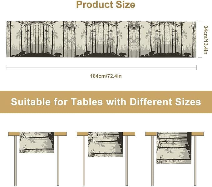 Retro Bear Table Runner, Rustic Foggy Forest Wild Animal Table Runner - Image 7