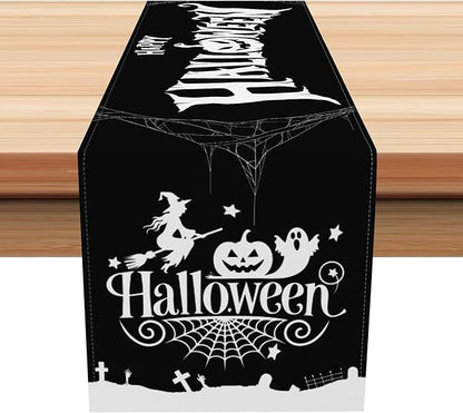 Happy Halloween Table Runner Black Spider Web Witch Pumpkin Kitchen Dining by Kzzfqxb