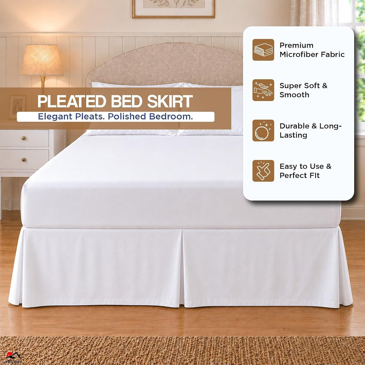 arlinen pleated full bed skirt with split corners shown in use