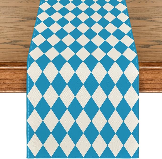 Artoid Mode Diamond Plaid Blue Bavarian Flag Oktoberfest Table Runner, by ArtoidMode