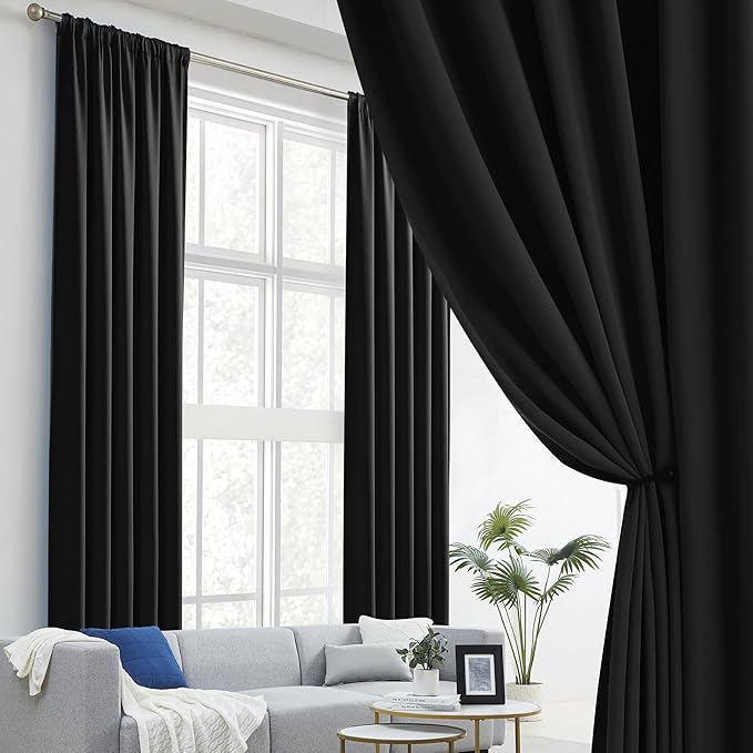 DUALIFE 2 Pcs Blackout Extra Long Black Curtains/Drapes 132 Inch Length - Image 2