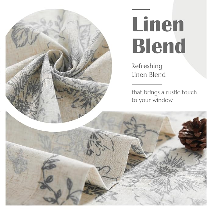 jinchan Linen Floral Tier Curtains 24 Inch Farmhouse Botanic Grey Cafe Curtains - Image 6