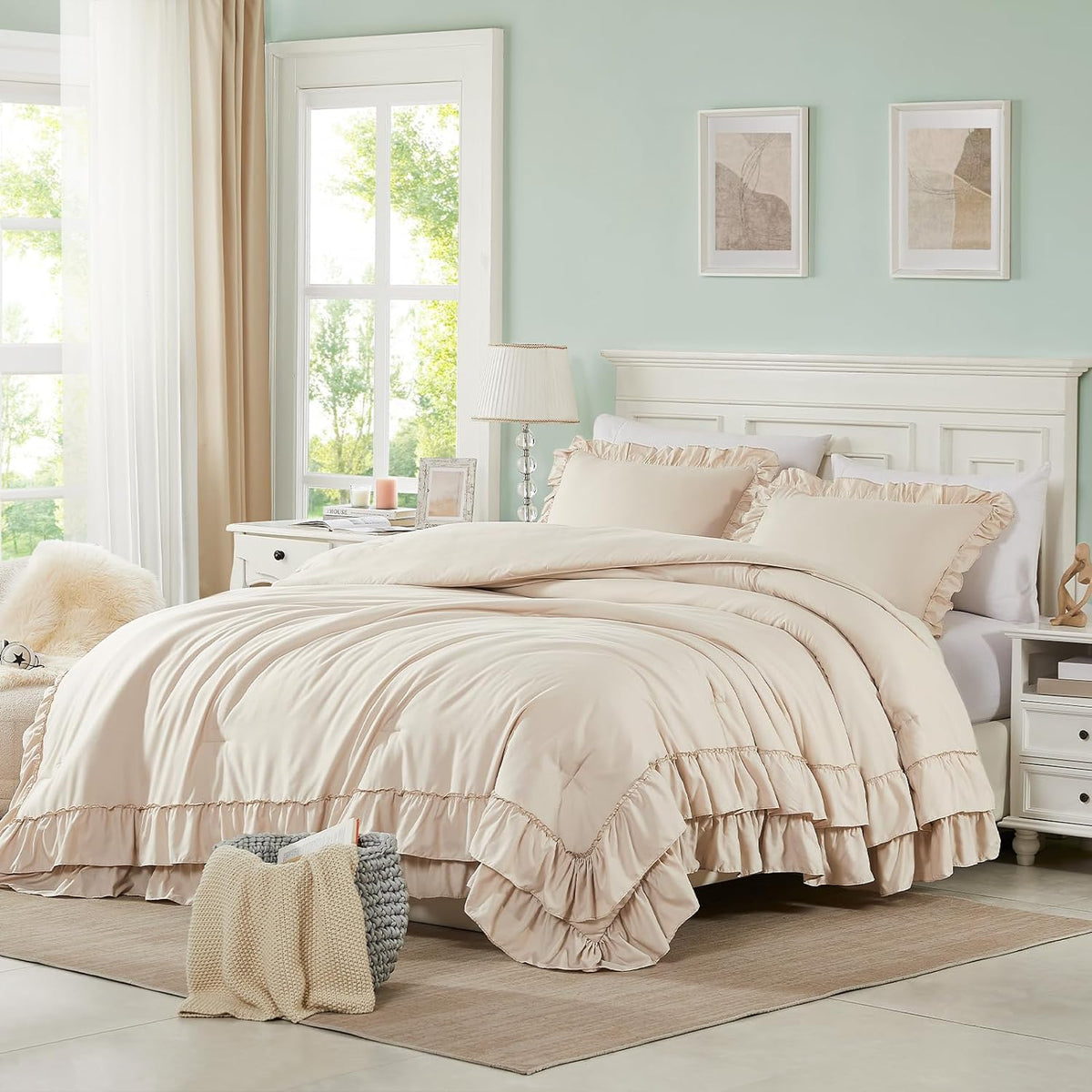 cupocupa beige queen comforter set, 3pcs comforters ruffle, main product view