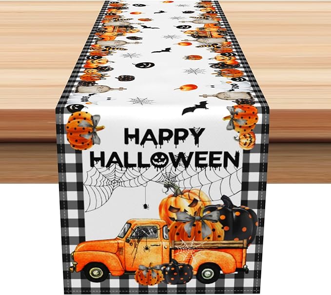Happy Halloween Table Runner Black White Buffalo Plaid Pumpkin Truck Car Spider by Kzzfqxb