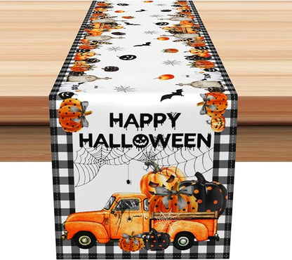 Happy Halloween Table Runner Black White Buffalo Plaid Pumpkin Truck Car Spider by Kzzfqxb