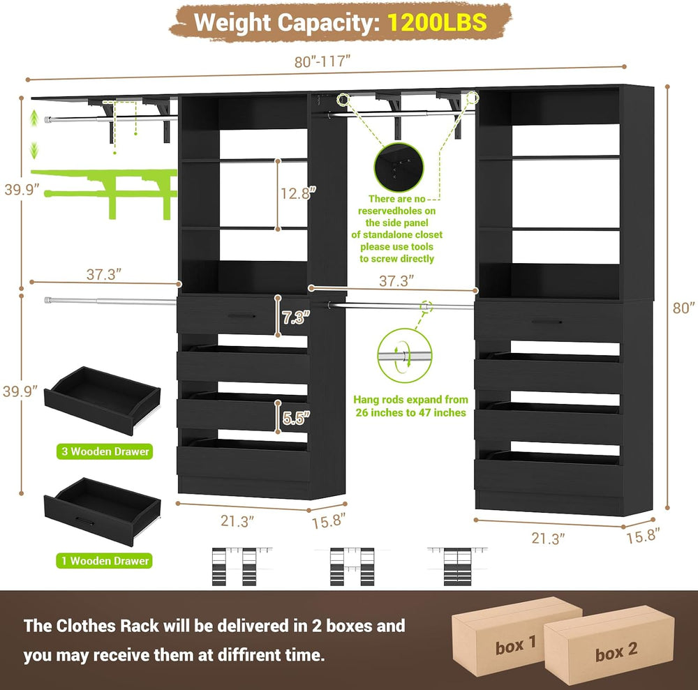Aheaplus Closet System, Wood Closet Organizer System with 8 Drawers &4 Rods