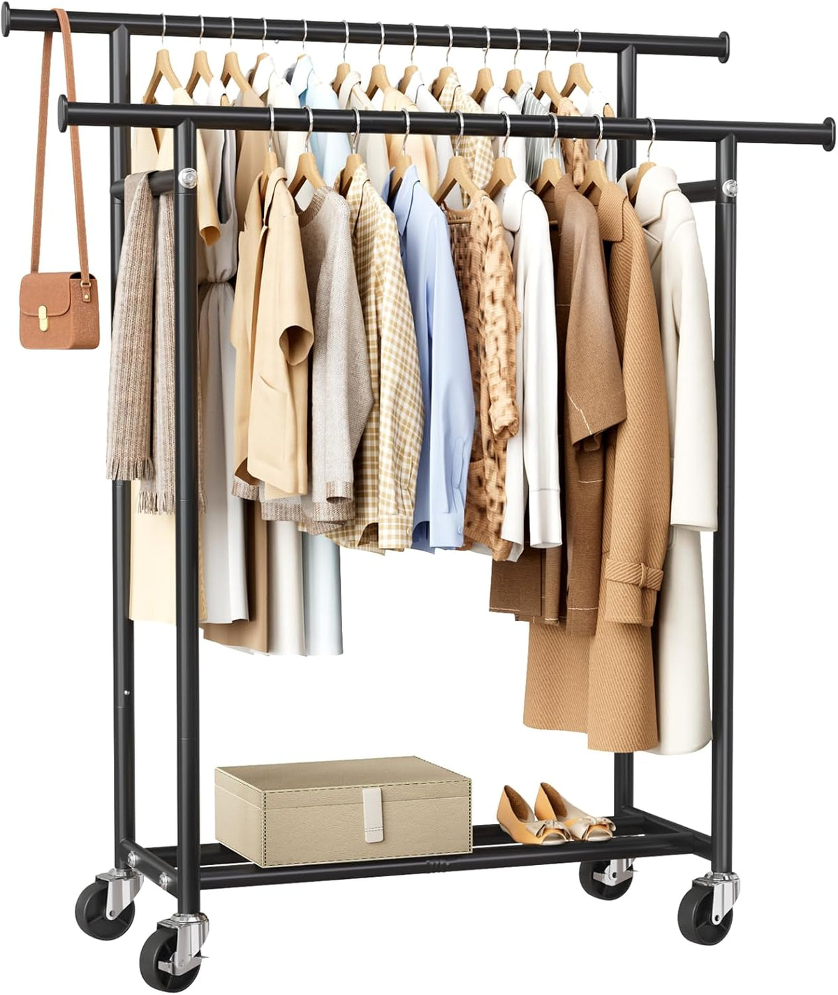 hyseyy clothes rack, double rods rolling clothing rack, main product view