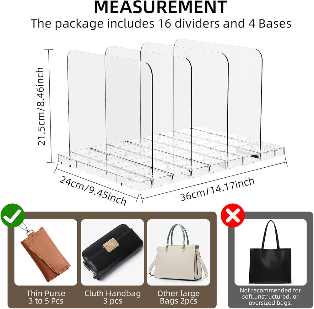 Stackable Bag & Purse Organizer for Closet Shelf Acrylic Shelf Dividers f...