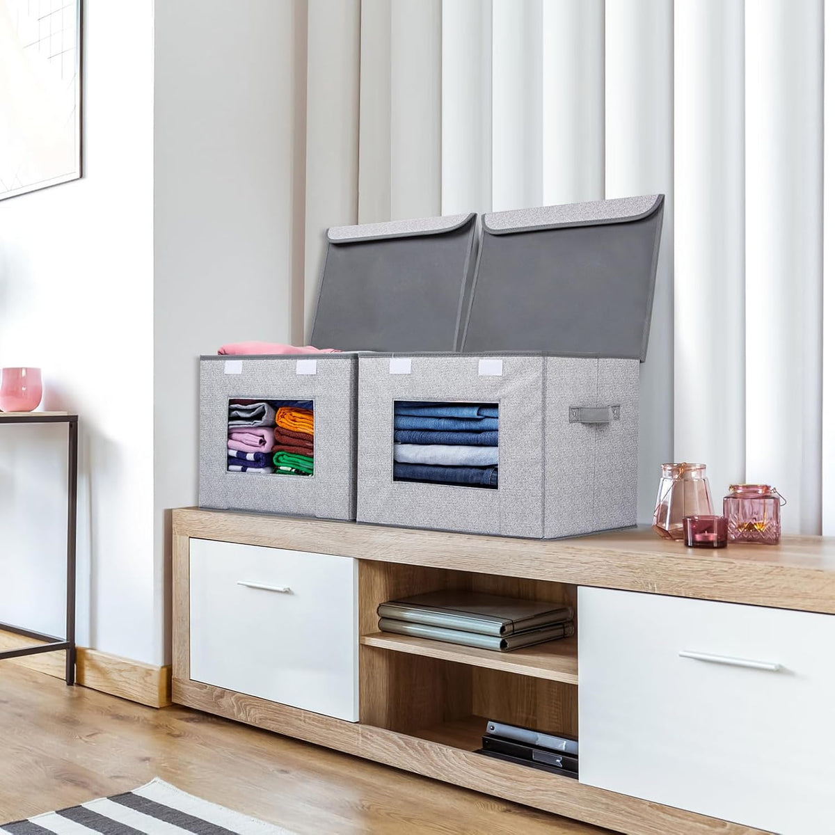 univivi fabric closet storage bins with lids for shown in use