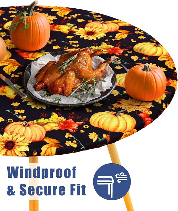 Round Spandex Thanksgiving Tablecloth, Elastic Fitted Waterproof Tablecloths - Image 3