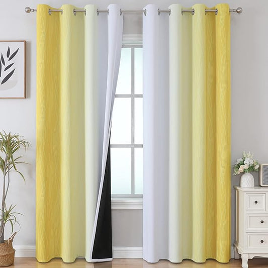 Estelar Textiler Yellow and Greyish White Gradient Blackout Curtains, Thermal by ESTELARTEXTILER