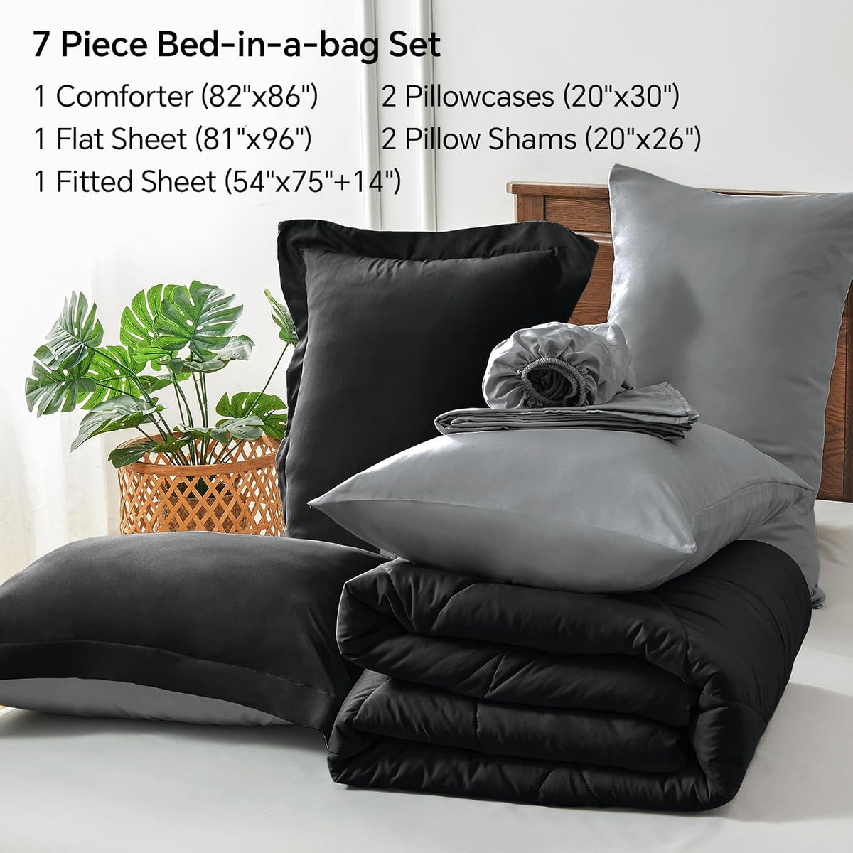 bedelite full comforter set 7 pieces, reversible black showing dimensions