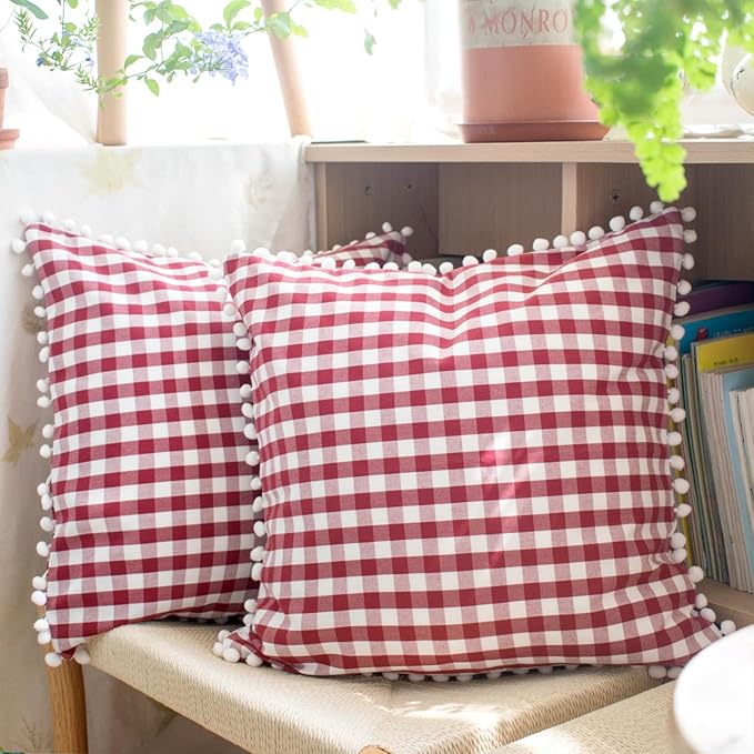 HOPLEE Red Throw Pillow Covers Farmhouse Gingham Pillow Covers by HOPLEE