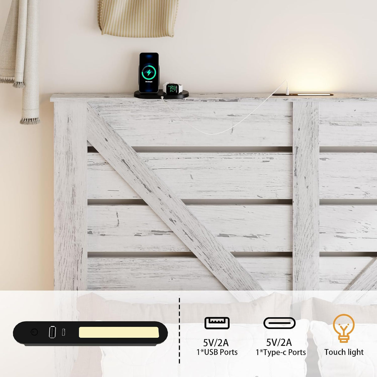 queen farmhouse bed frame with headboard, led lights, close-up detail