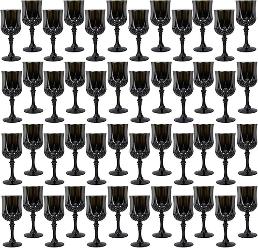 Plastic Wine Glasses，Plastic Goblets Vintage Style Cordial Drinking Glasses for Wedding Reception, Halloween Grand Event Party Supplies (48, Black) (48Pack)