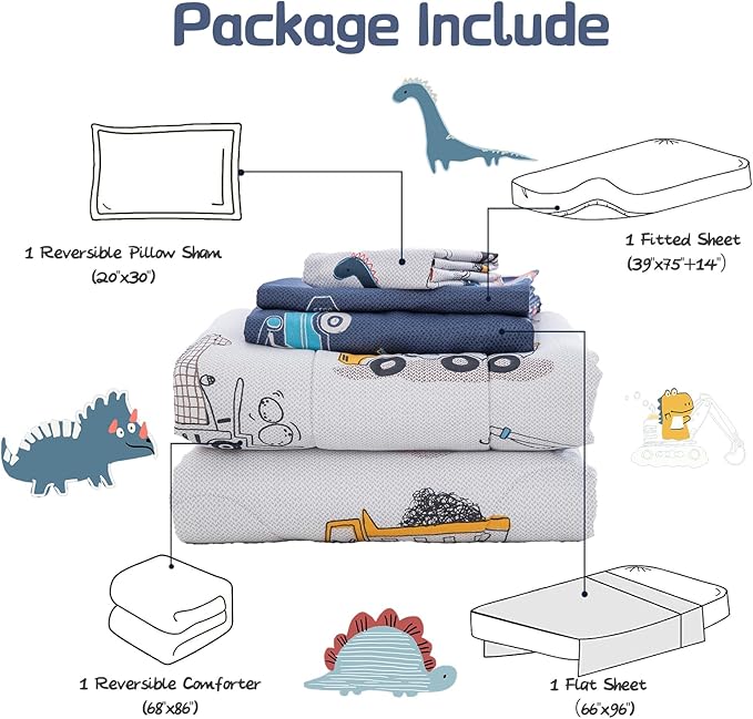 DJY Cotton Twin Bedding Set, Dinosaur Cars Reversible Twin Comforter Set - Image 7