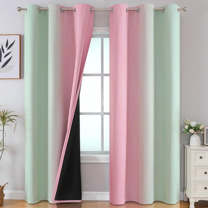 Estelar Textiler Sage Green and Pink Room Darkening Blackout Curtains 84 Inch by ESTELARTEXTILER