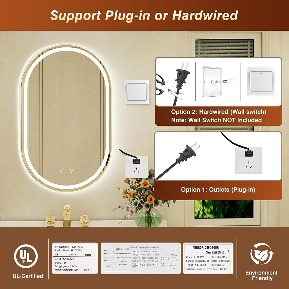22x36 Inch Oval Gold Framed LED Bathroom Mirror with Lights,Wall-Mounted Mirr...