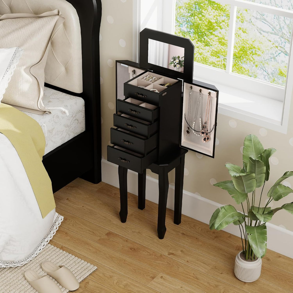 charmaid standing jewelry cabinet with 4 drawers, flip shown in use