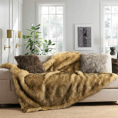 Luxury Plush Faux Fur Throw Blanket, Long Pile Golden Yellow - Image 2
