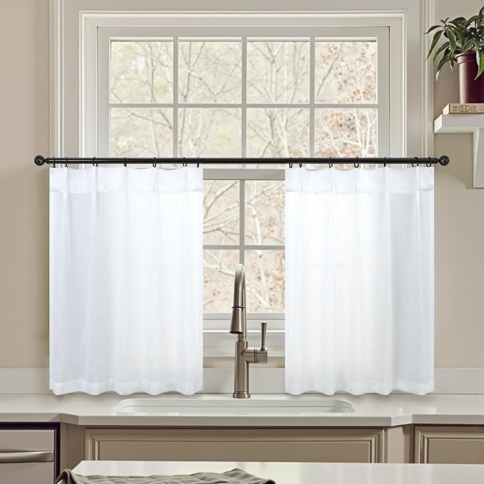 White Kitchen Curtains 30 Inch Length Pinch Pleated Back Tab Light Filtering by DANCURTON