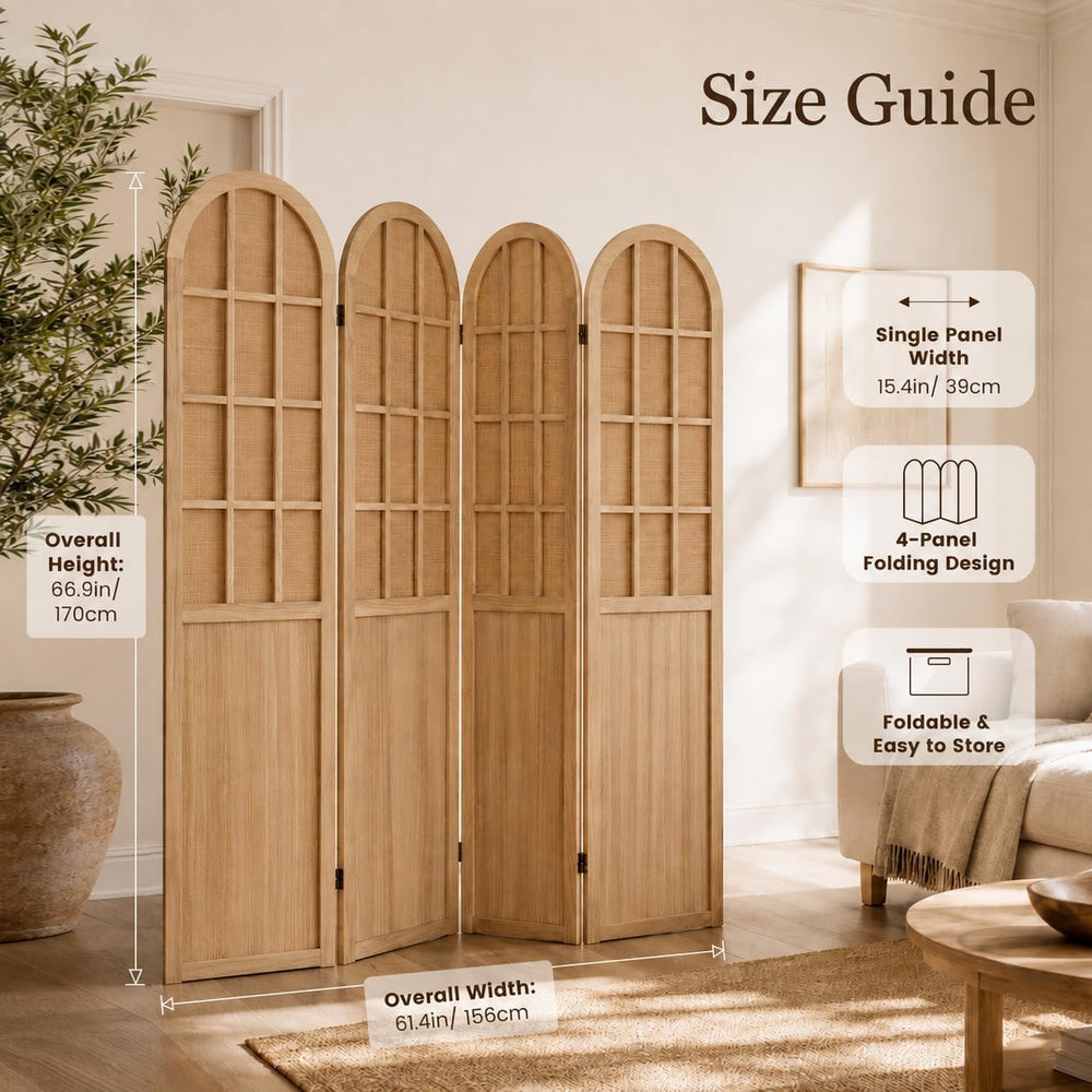 4 Panel Room Divider Privacy Screen Bamboo Wood Light Brown