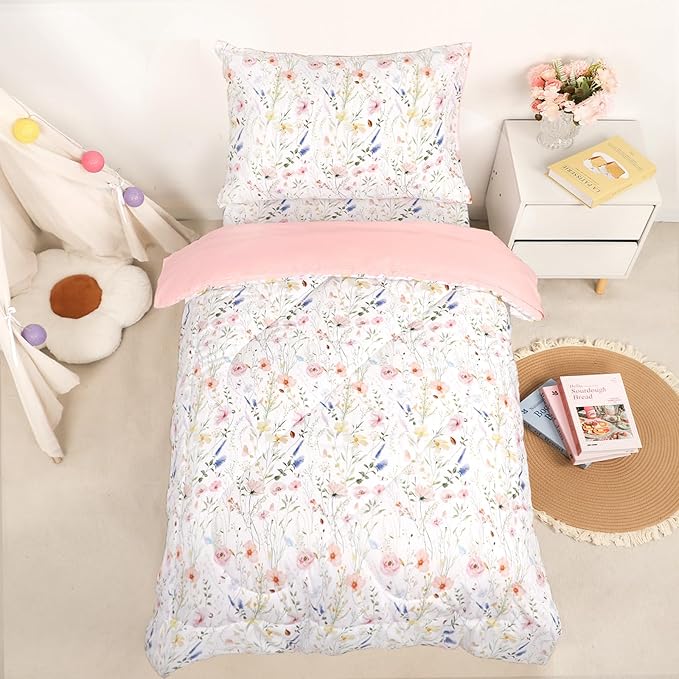 Toddler Bedding Set for Girls, 4 Piece Floral Toddler Comforter Set, Ultra Soft by CARUILI