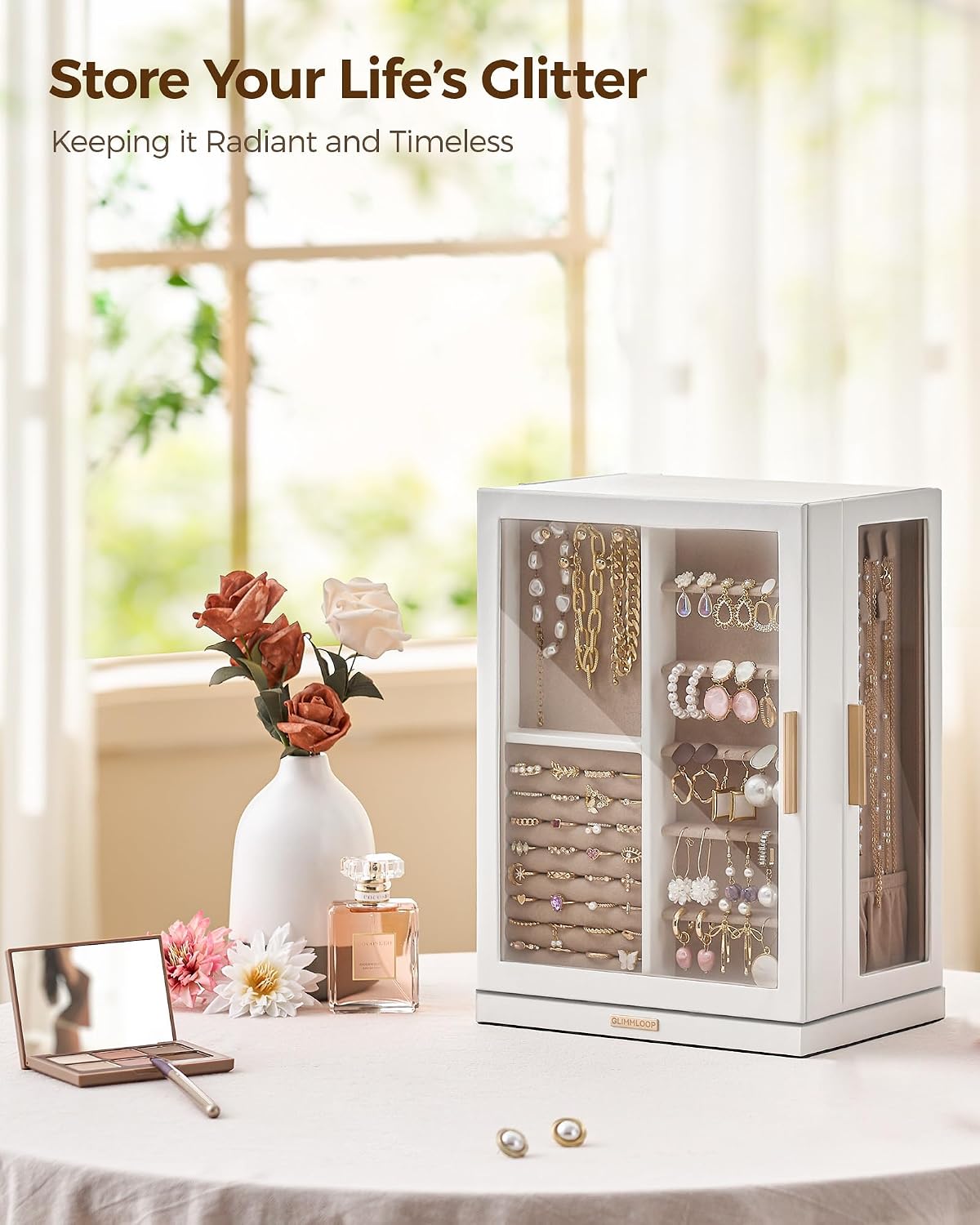 glimmloop 360° rotating jewelry box with 7 drawers shown in use