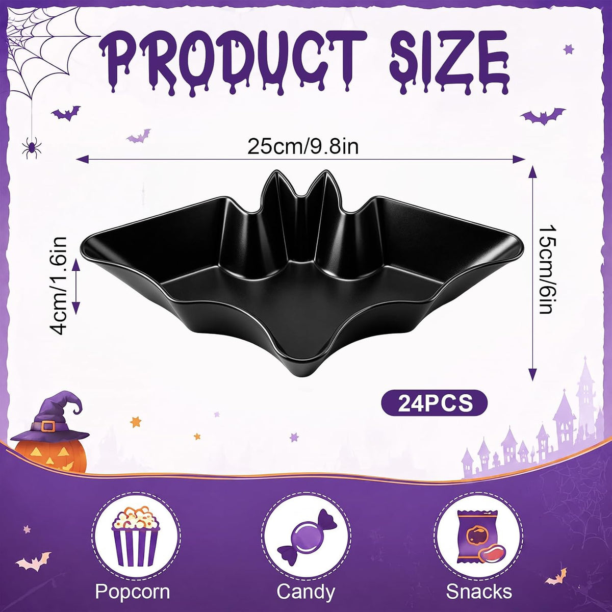 Honeydak 24 Pcs Halloween Candy Bowl, Plastic Bat Shaped Serving Trays