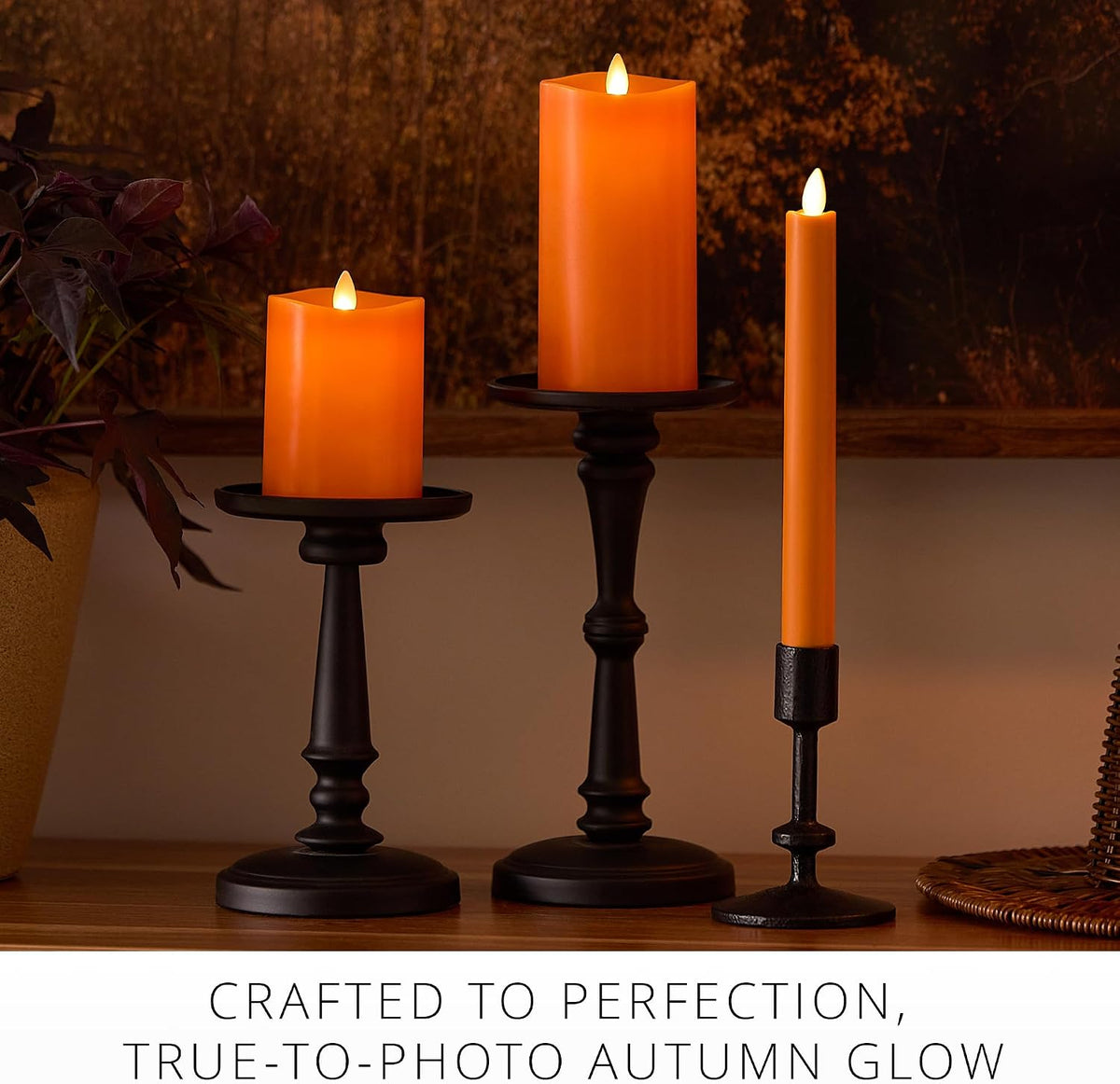 Luminara Taper, 1" x 9.5" AA Battery Wax Flameless Candle w/Timer, Remote Available Russet Orange Flickering White LED Light Flame, Home Decor for Halloween Fall Indoor Candlestick Decoration