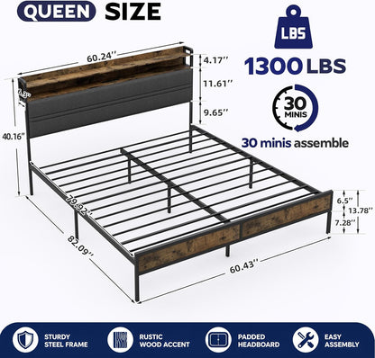 grusign queen size bed frame with led light shown in use
