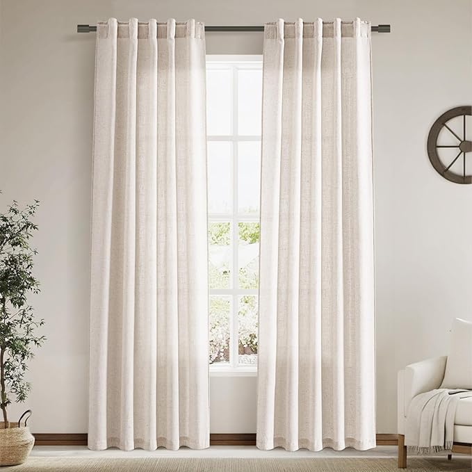 Beige Faux Linen Curtains 84 Inch Length 2 Panels by Nanspring