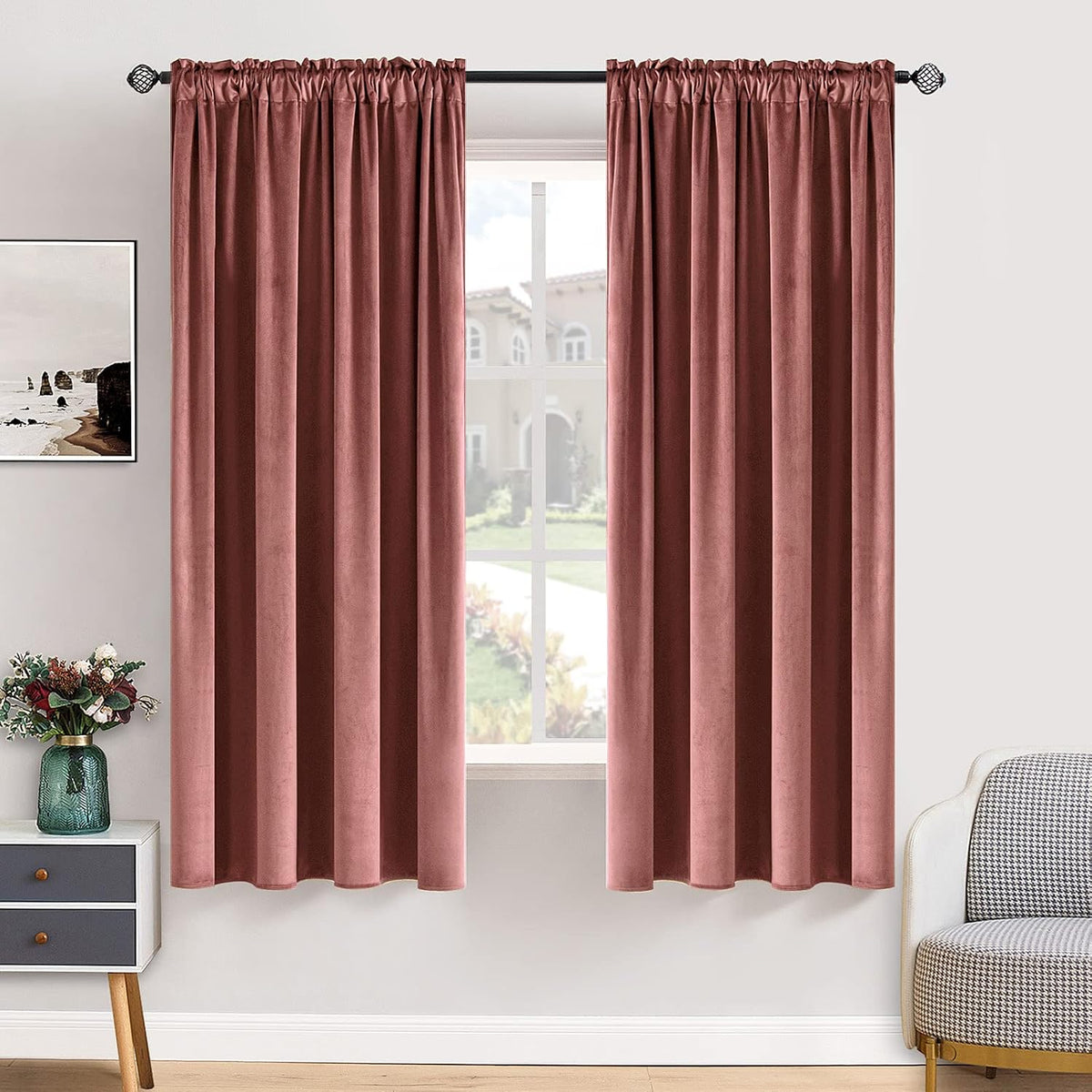 miulee dusty rose pink velvet room darkening curtains, main product view