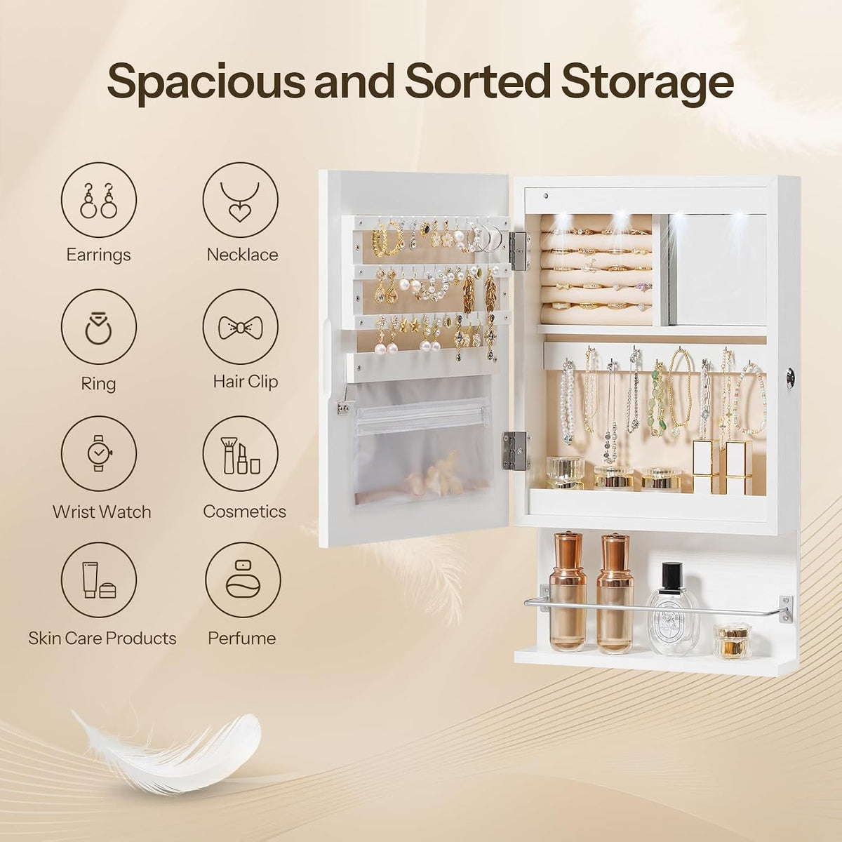 hoobro wall mounted jewelry cabinet, led jewelry armoire, close-up detail
