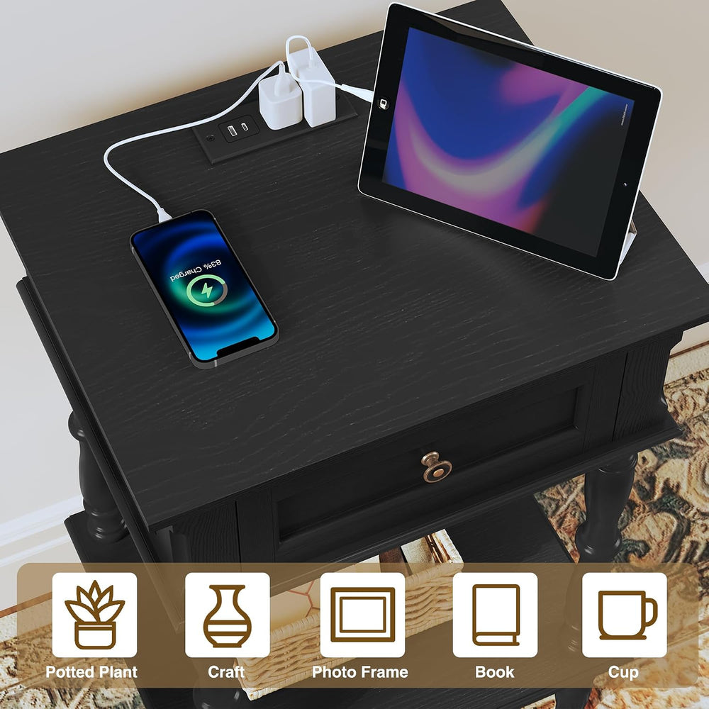 ARTPOWER Nightstand with Charging Station, Minimal Assembly, Retro Wood Night...