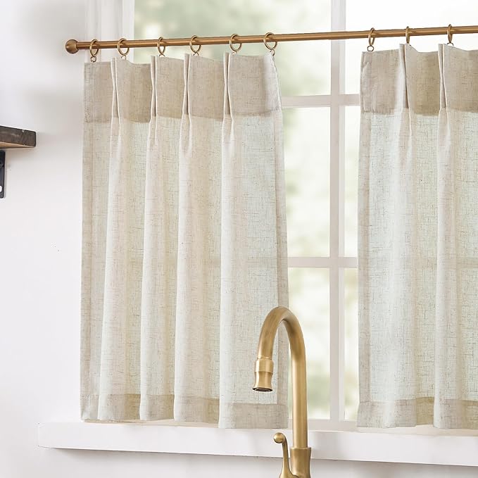 jinchan Linen Pinch Pleated Kitchen Curtains 24 Inch 4 Panels, Natural Linen - Image 4