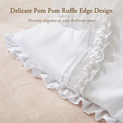 bdeus white ruffle comforter set full size, 3, close-up detail
