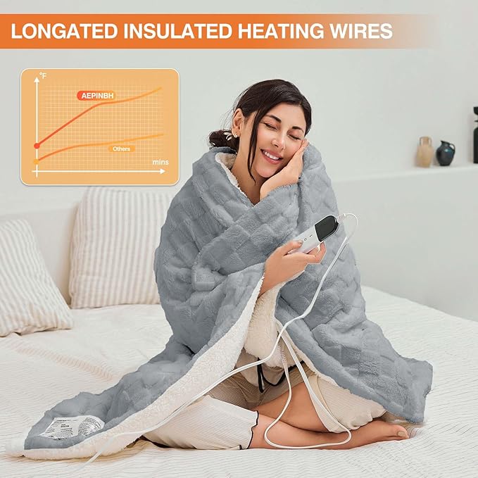 Electric Blanket, Soft Checked Flannel Fast Heating Blanket - Image 4