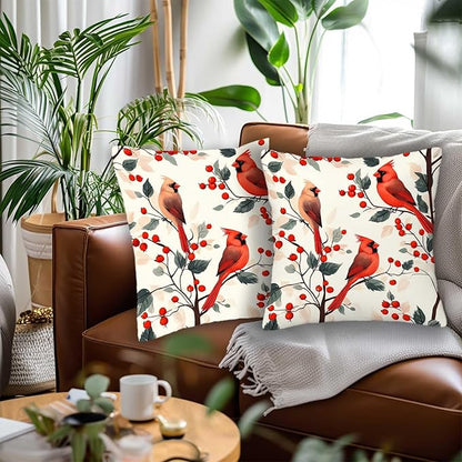 Red Cardinal Bird Throw Pillow Covers 18x18 Set of 2, Home Decorative Cushion - Image 2