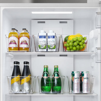 multi-use clear storage bins, pantry kitchen cabinet organizer showing dimensions