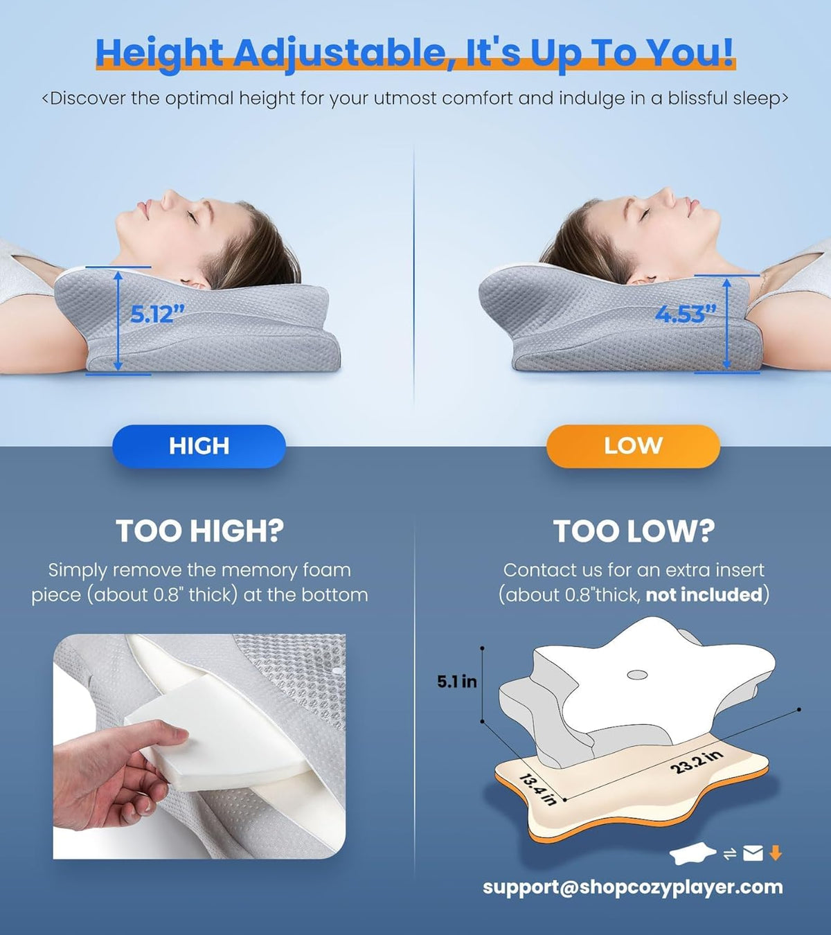 ultra pain relief cooling pillow for neck support, side view