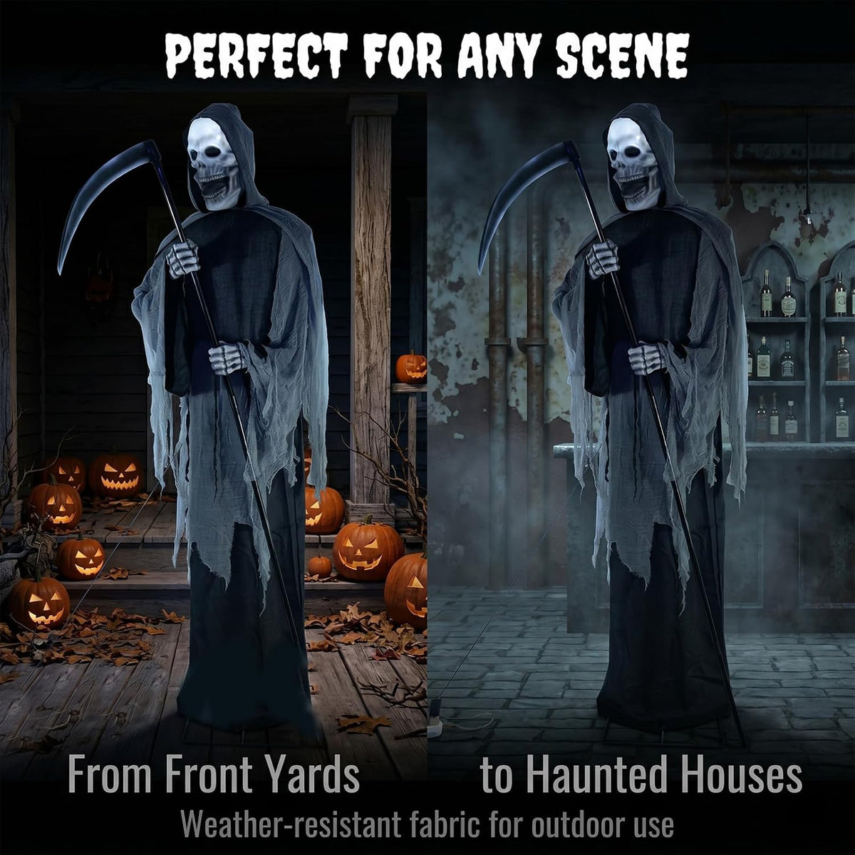 9FT Animated Grim Reaper Halloween Decoration - Sound Activated Halloween Animatronic Outdoor with Movement, Creepy Sounds and Light-Up Head, Giant Scary Reaper Prop, for Yard Porch Haunted House
